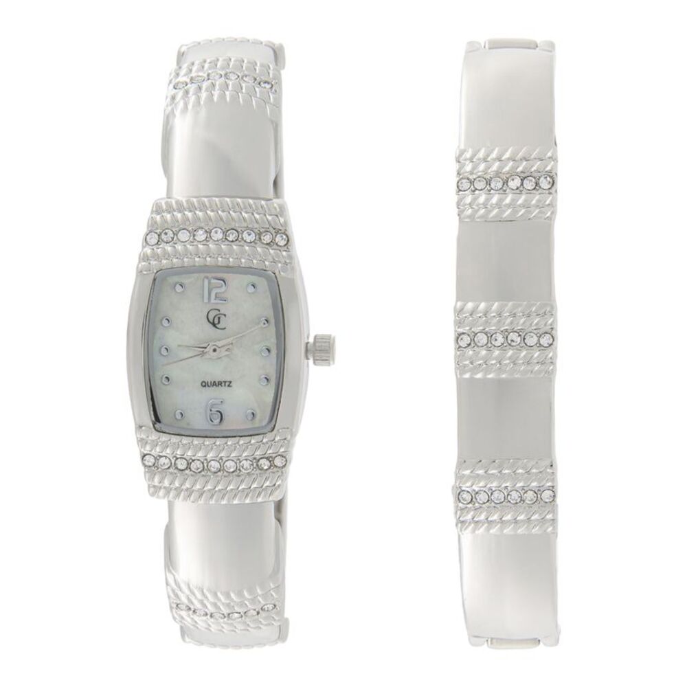 Gold Coast Women's Crystal Accented Silver-tone Watch and Bangle Bracelet Set